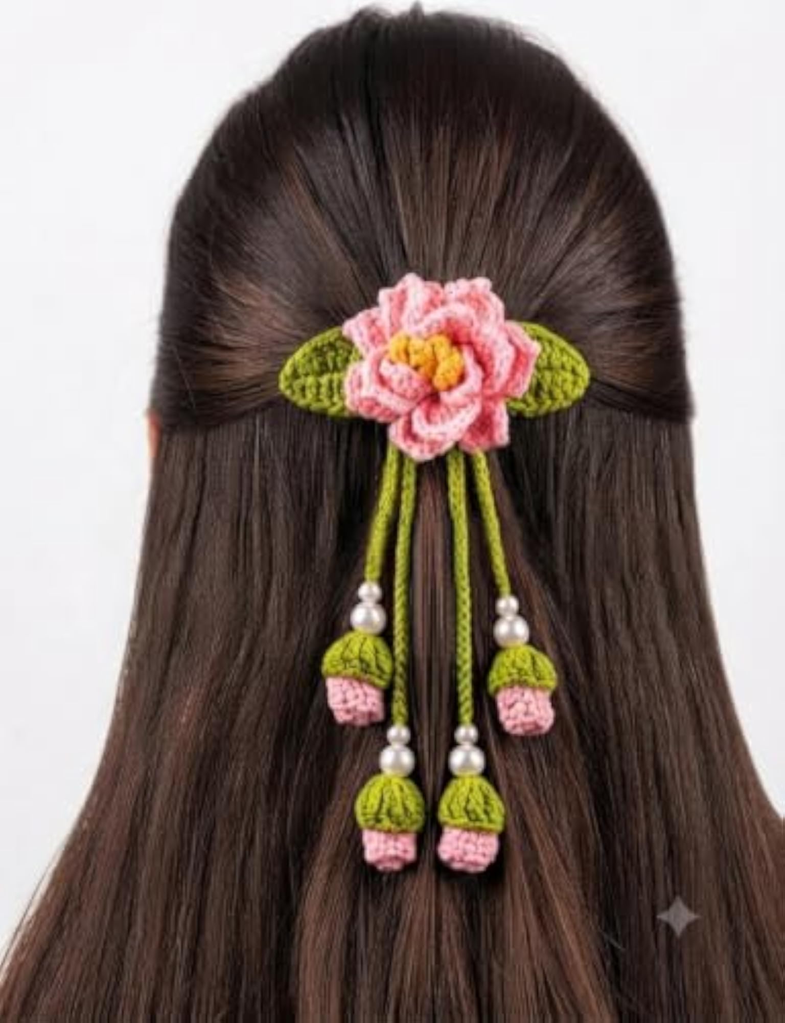 Handmade Crochet Flower Hair Clip with Pearl Beads